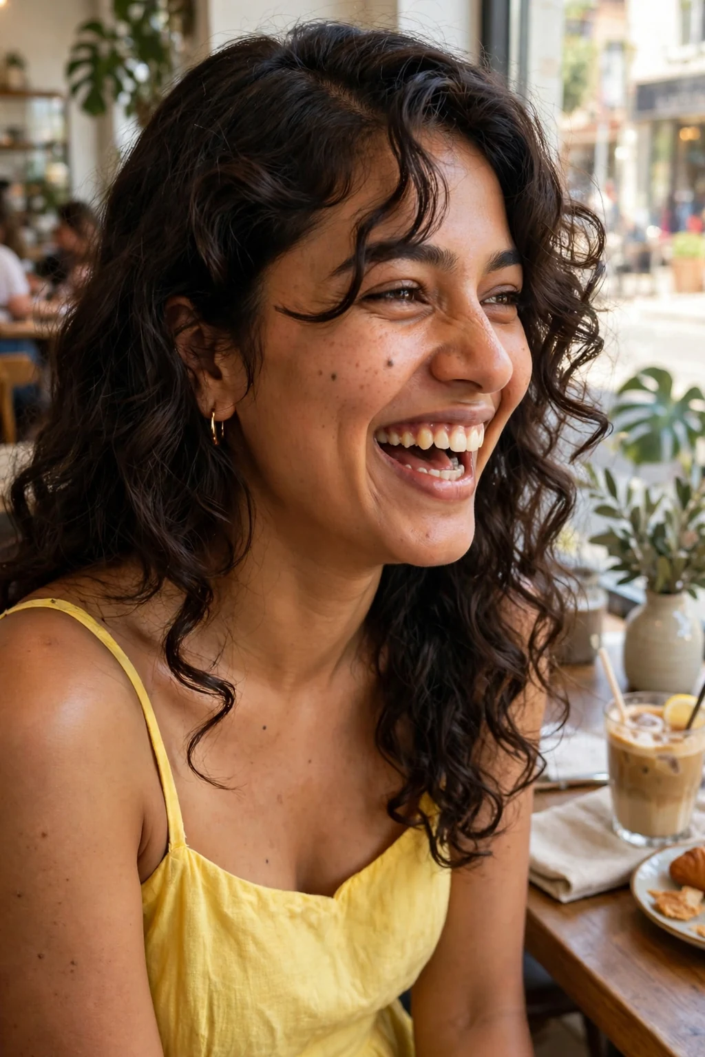 A young woman with soft curls and a deep side part, laughing in a bright cafe wearing a yellow sundress.