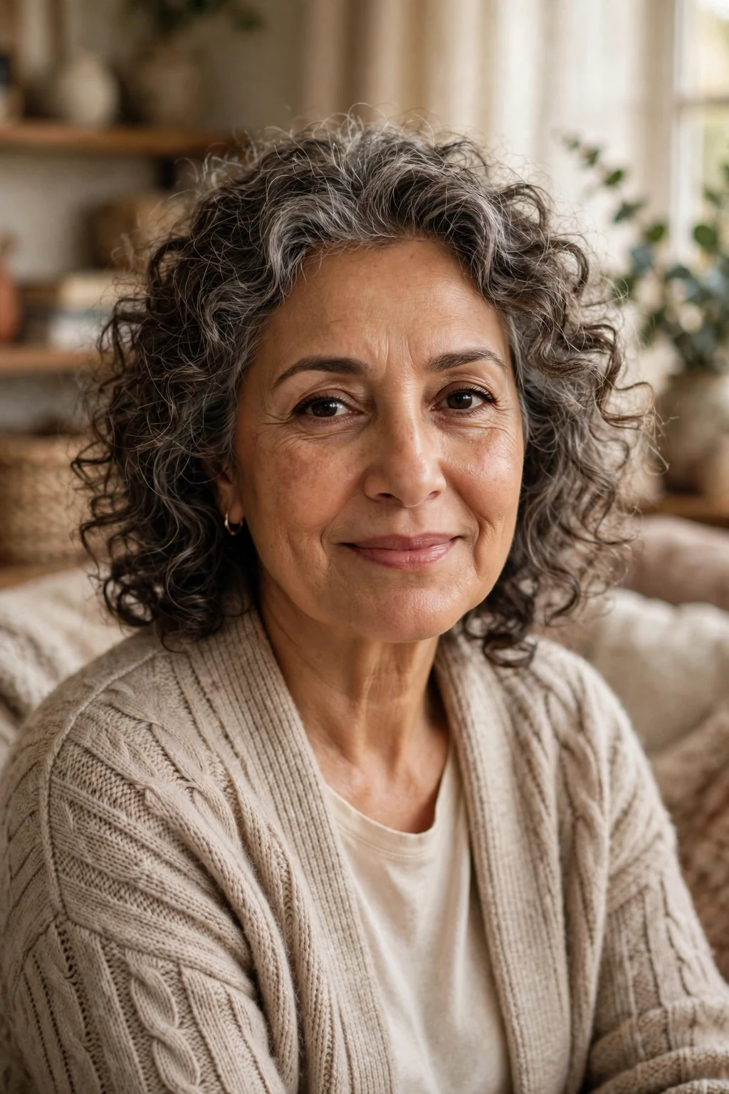 Beautiful older woman with soft curls wash-and-wear, gentle soft curls, tender light.