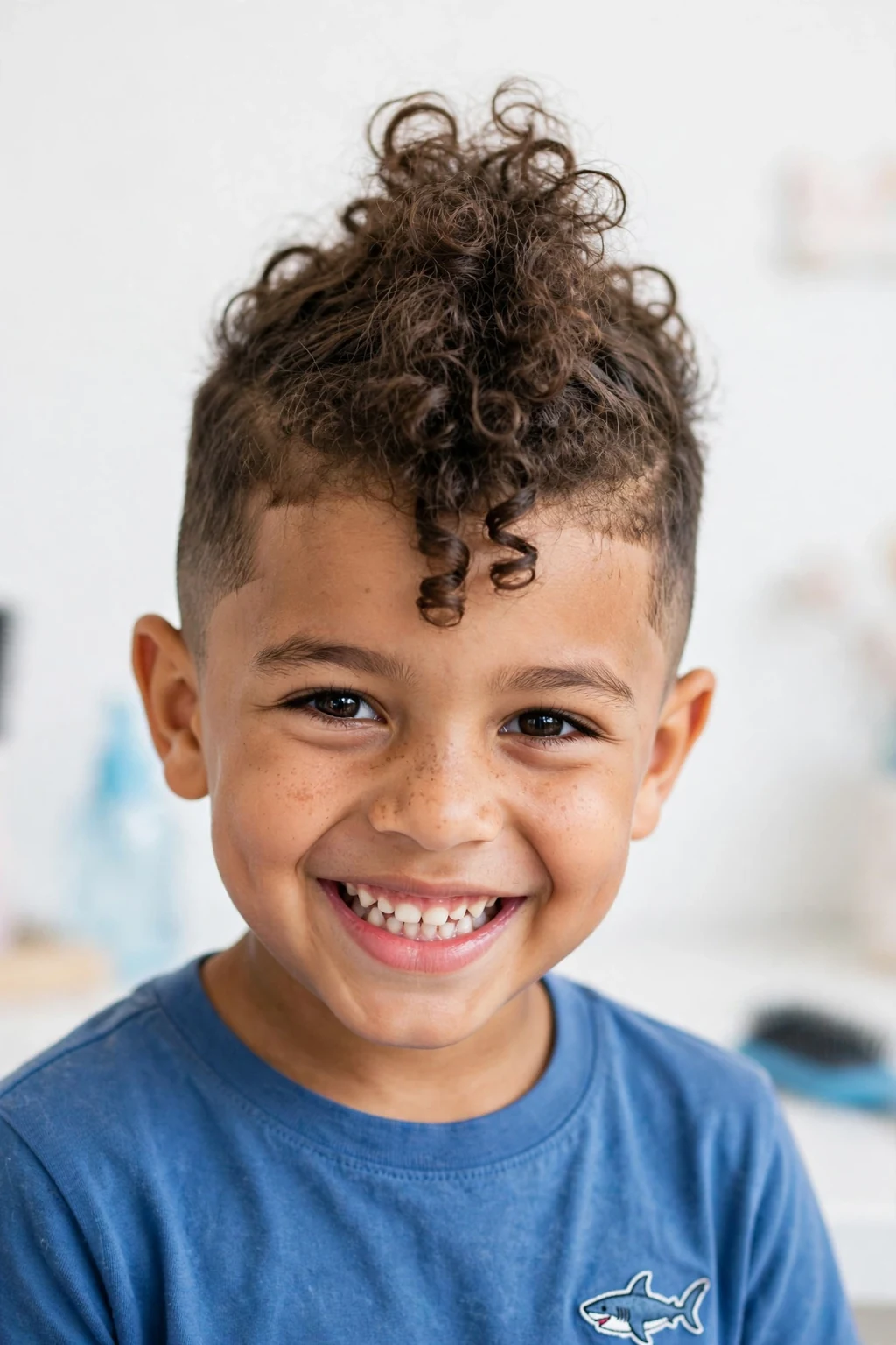 Fun boy with curly frohawk, strip of tall curls down the center, tapered sides, bright light.