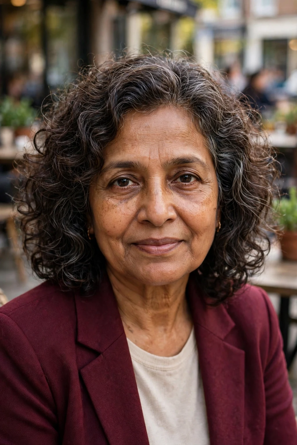 A woman in her early 60s with a soft curly lob in dark brown curls, wearing a burgundy blazer in a cafe.