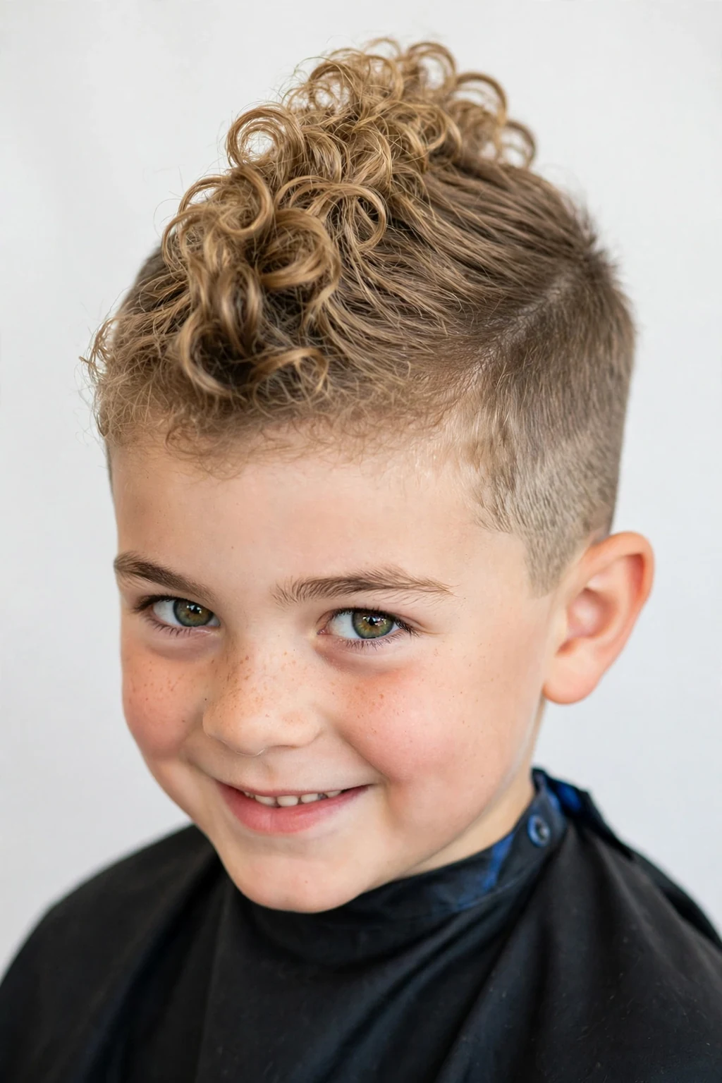Bold boy with a soft curly mohawk, raised curls down the center, faded sides, playful light.