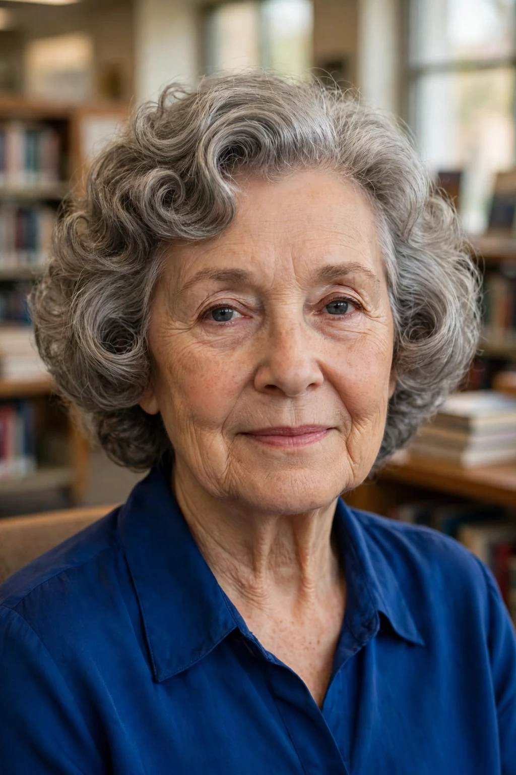 A classic American woman in her 70s with a soft curly pageboy, wearing a sapphire blouse, in a public library.