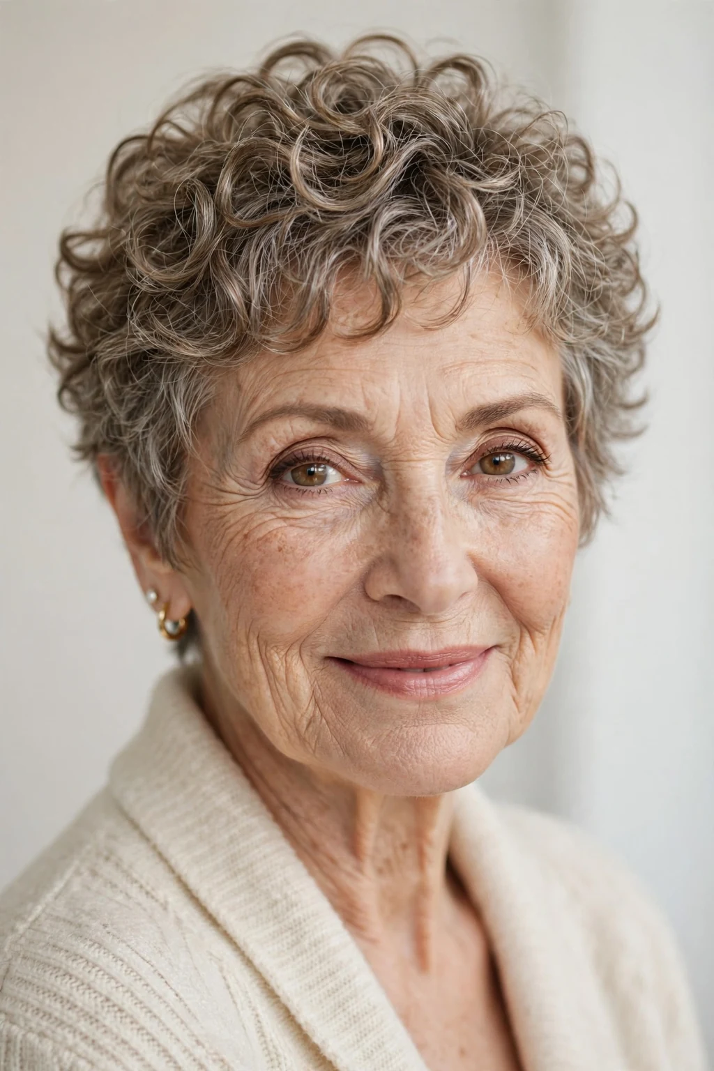 Elegant woman over 60 with soft curly pixie, playful textured curls, chic light.