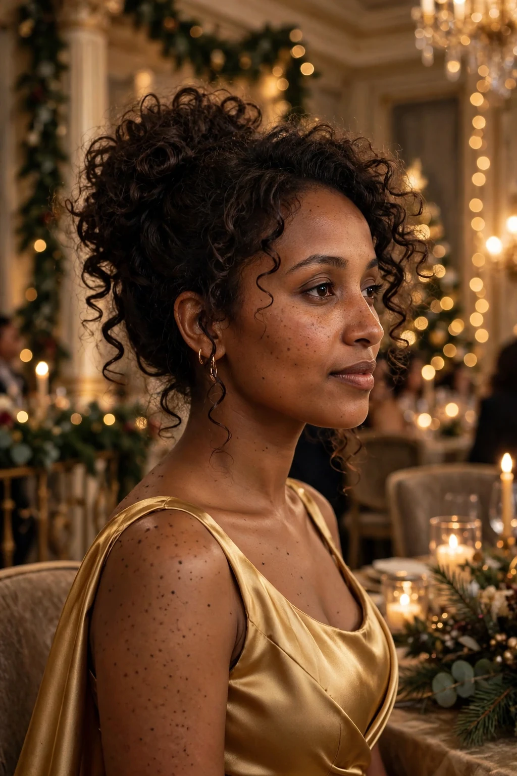 A young woman with a soft curly updo at an elegant holiday party, wearing a gold satin gown.