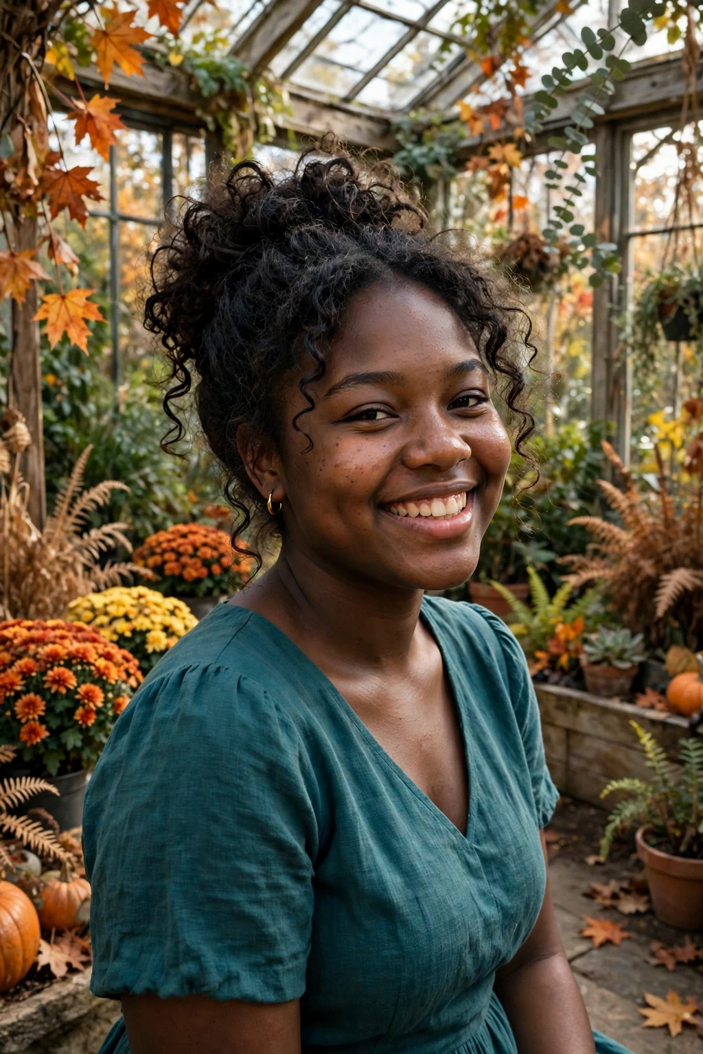 Young woman with a soft curly updo hairstyle in a garden conservatory.