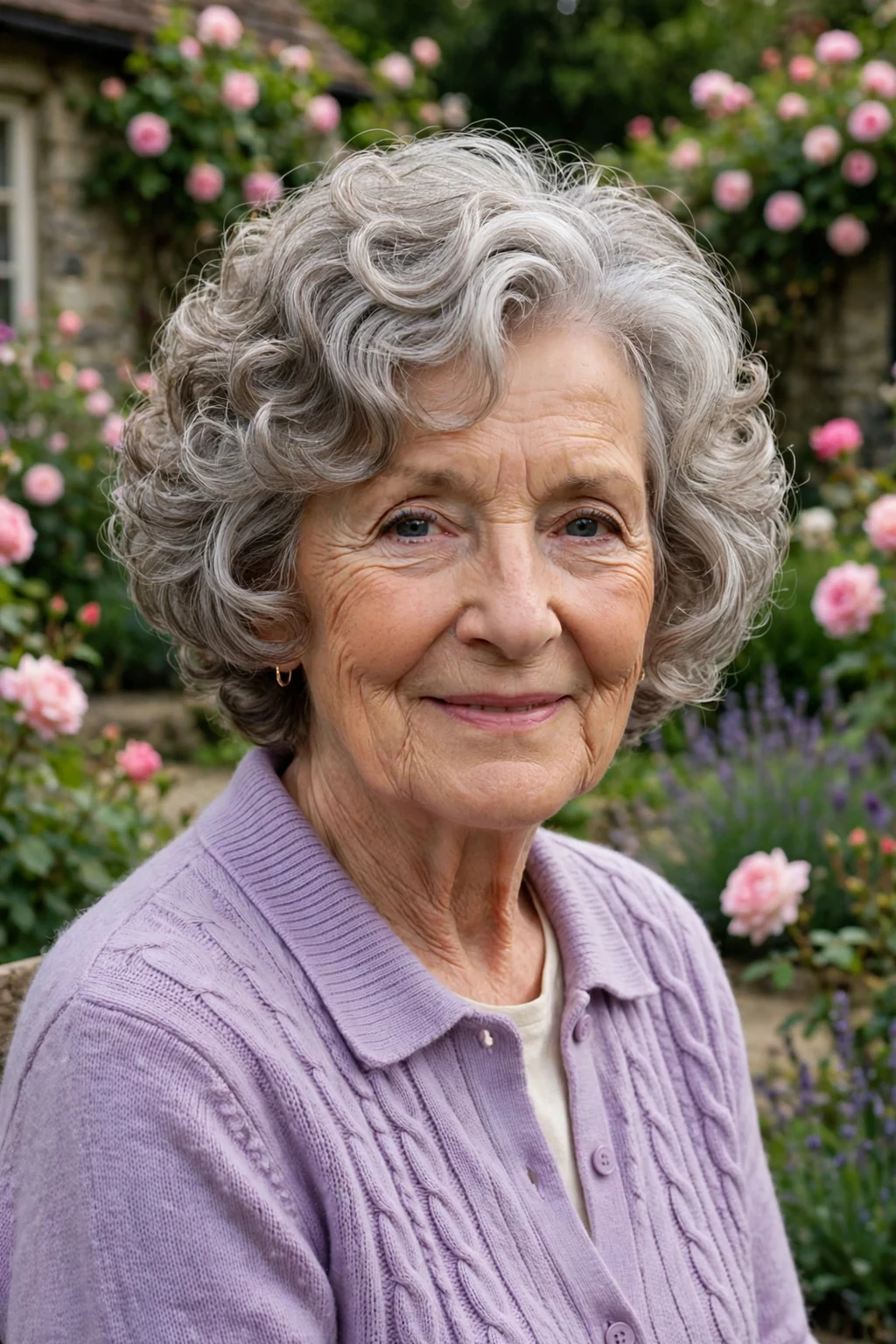 A gentle English woman in her 70s with a soft curly wedge, wearing a lilac cardigan, in a cottage garden.