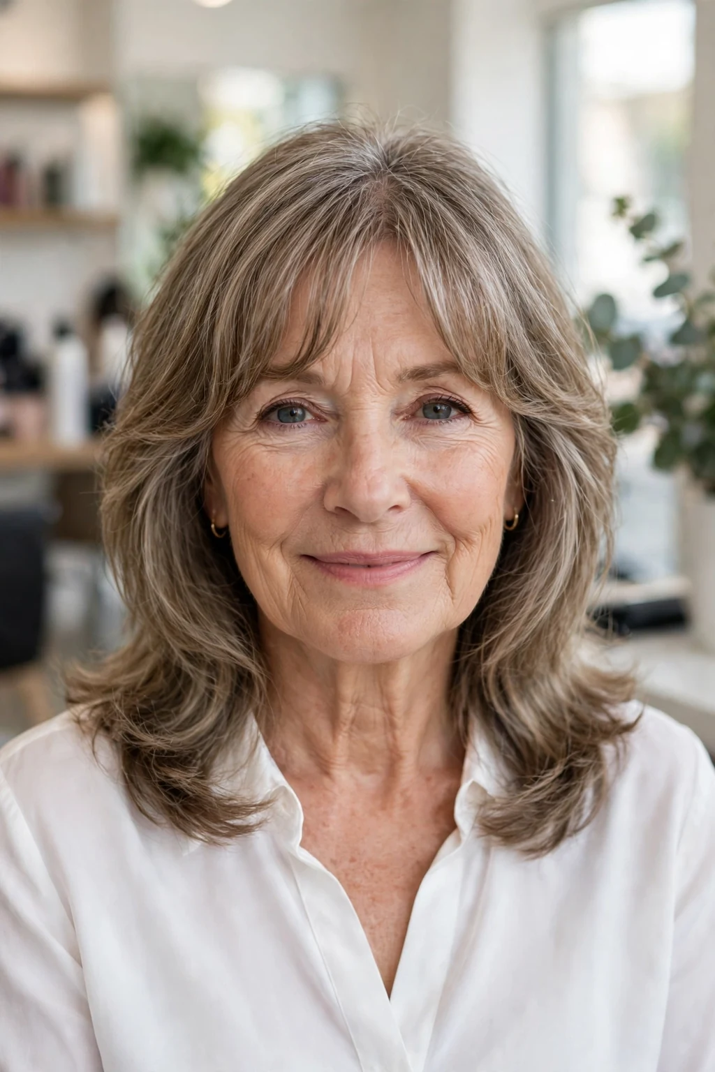 Beautiful older woman with soft curtain bangs, timeless curtain bangs, salon light.