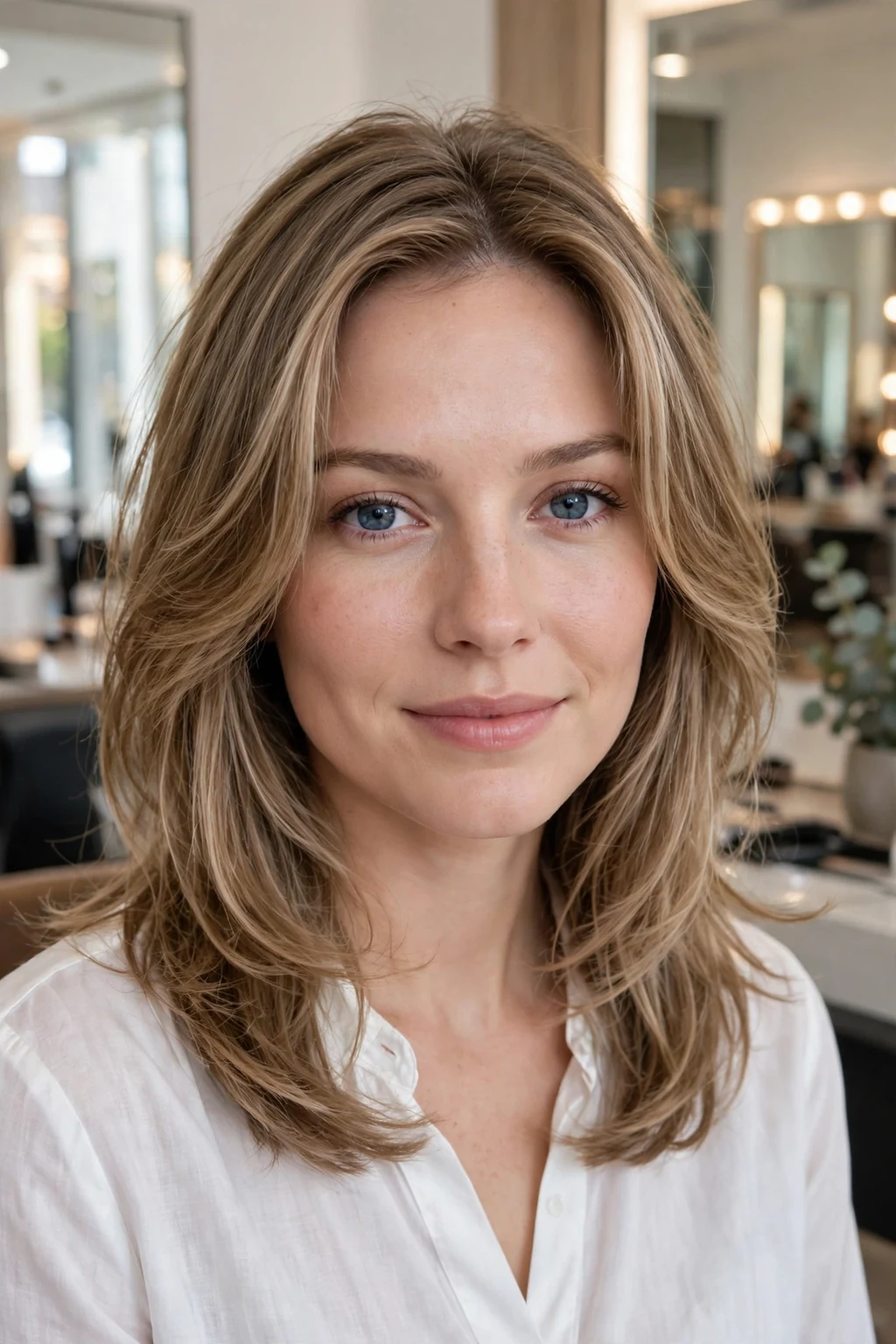 Beautiful woman with soft face-framing layers, gentle layers around face, salon light.