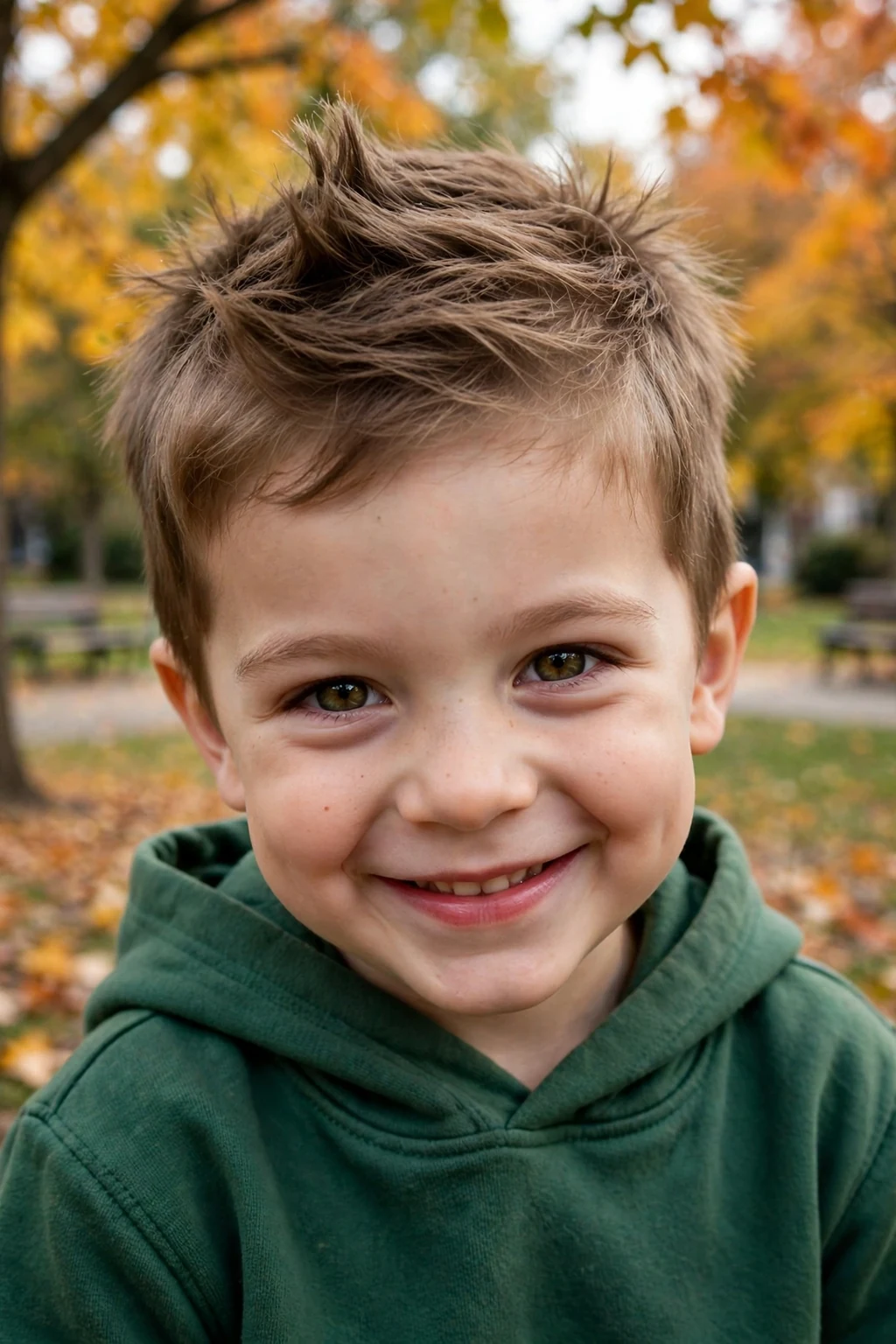 A cheeky four-year-old toddler boy with a soft faux hawk haircut, wearing a green hoodie in a neighborhood park.