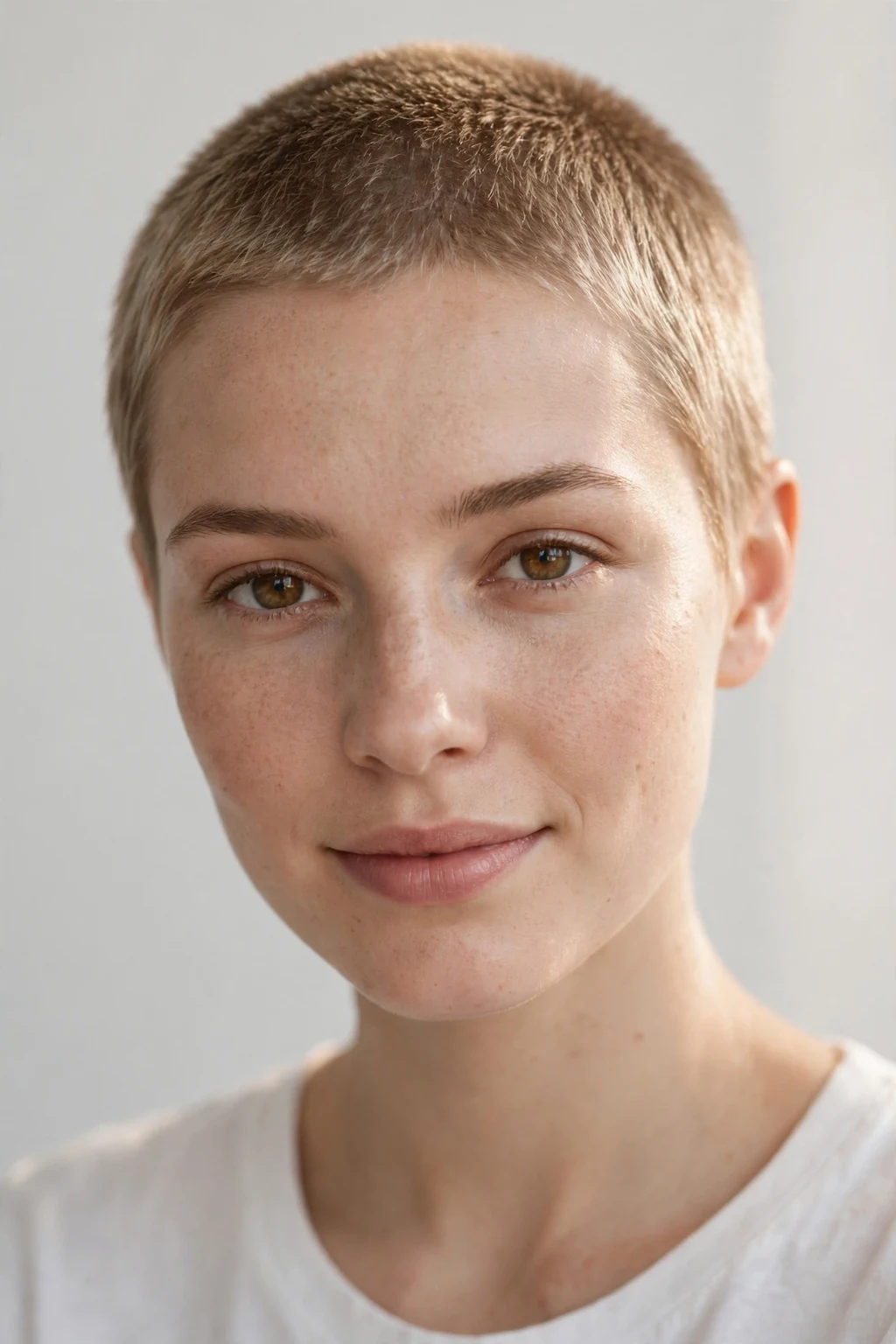 Woman with soft feminine buzz cut, gentle delicate short hair, flattering light.