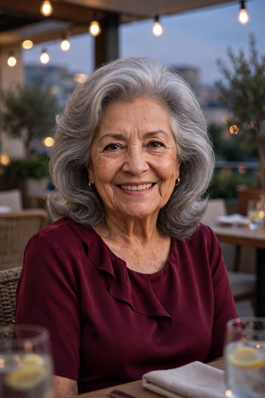 Polished woman over seventy with a soft gray blowout, voluminous and smooth.