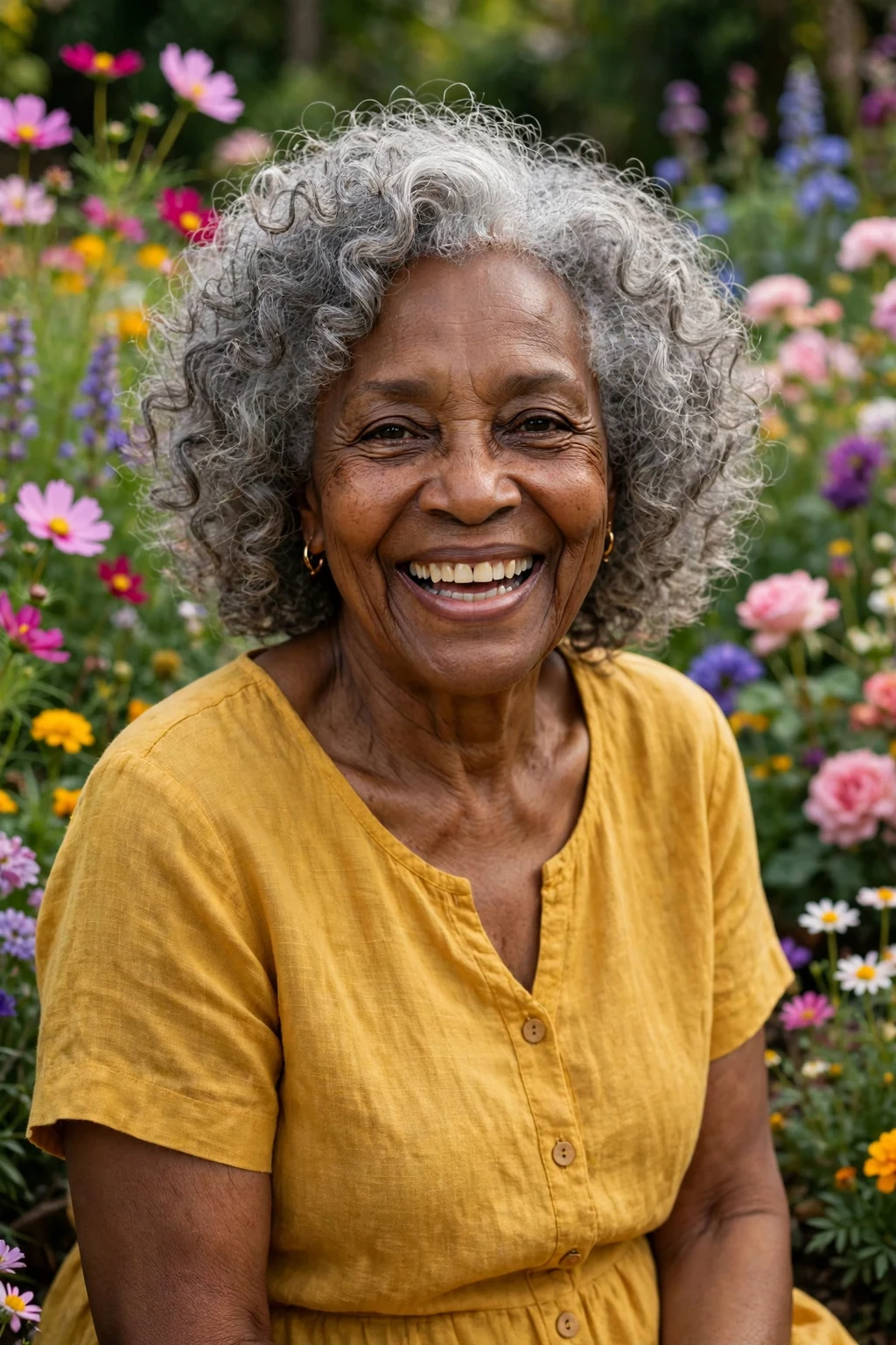 Joyful woman over seventy with soft gray curls full of bounce.