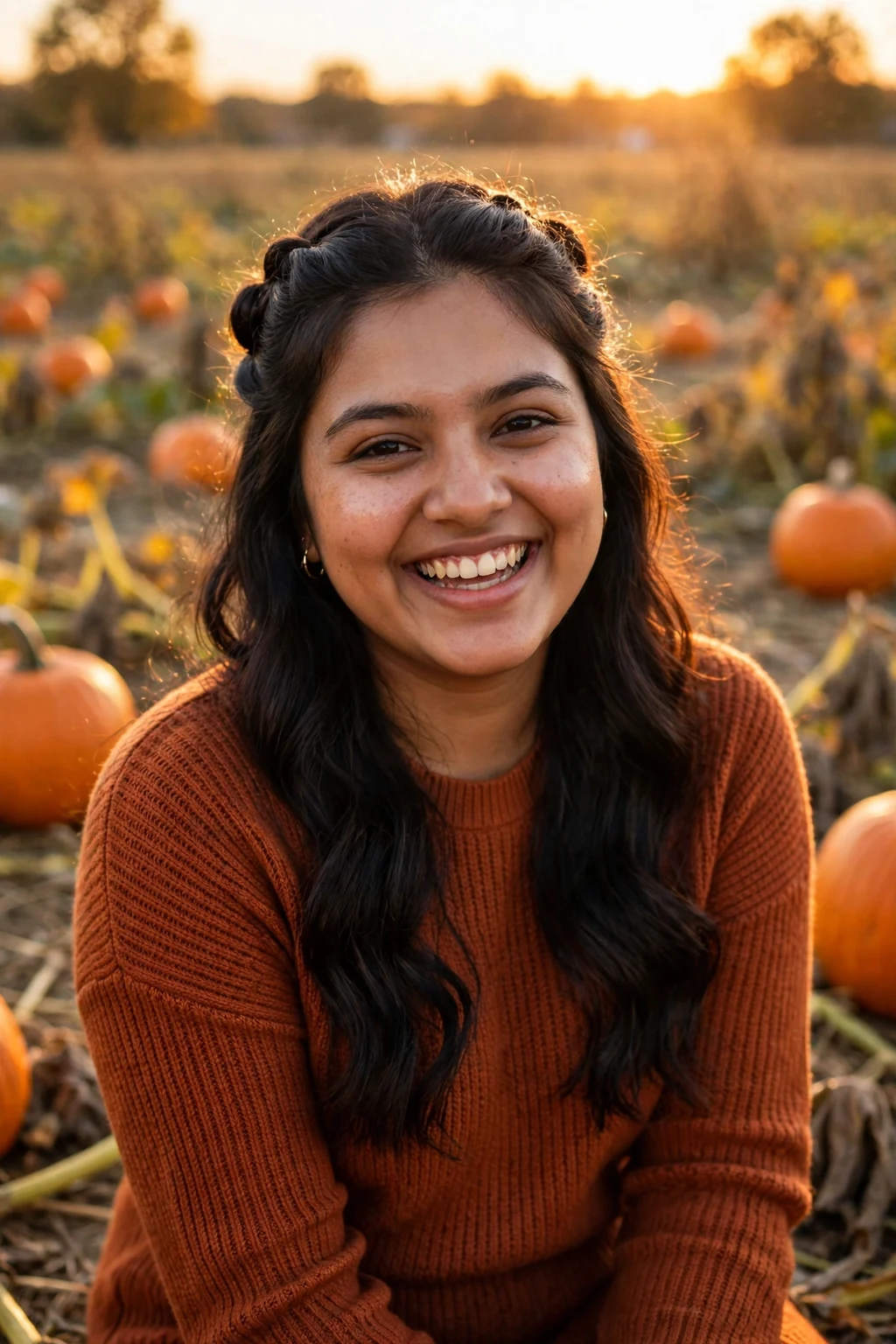Young woman with a soft half-up twist hairstyle in a pumpkin patch.