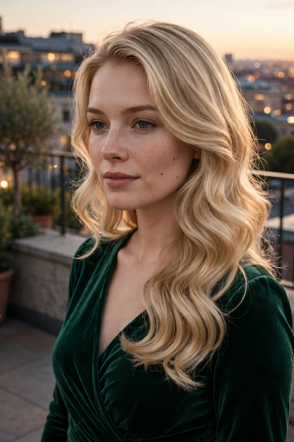 Young woman with soft Hollywood waves hairstyle at a wedding, wearing an emerald green dress.