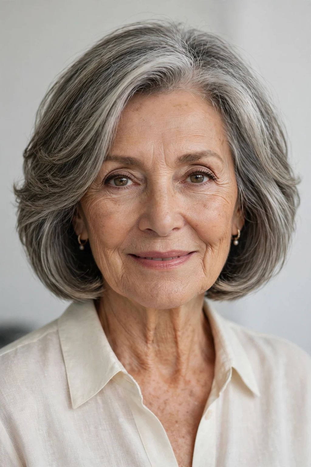 Elegant woman over 60 with soft layered bob, gentle flattering layers, soft light.