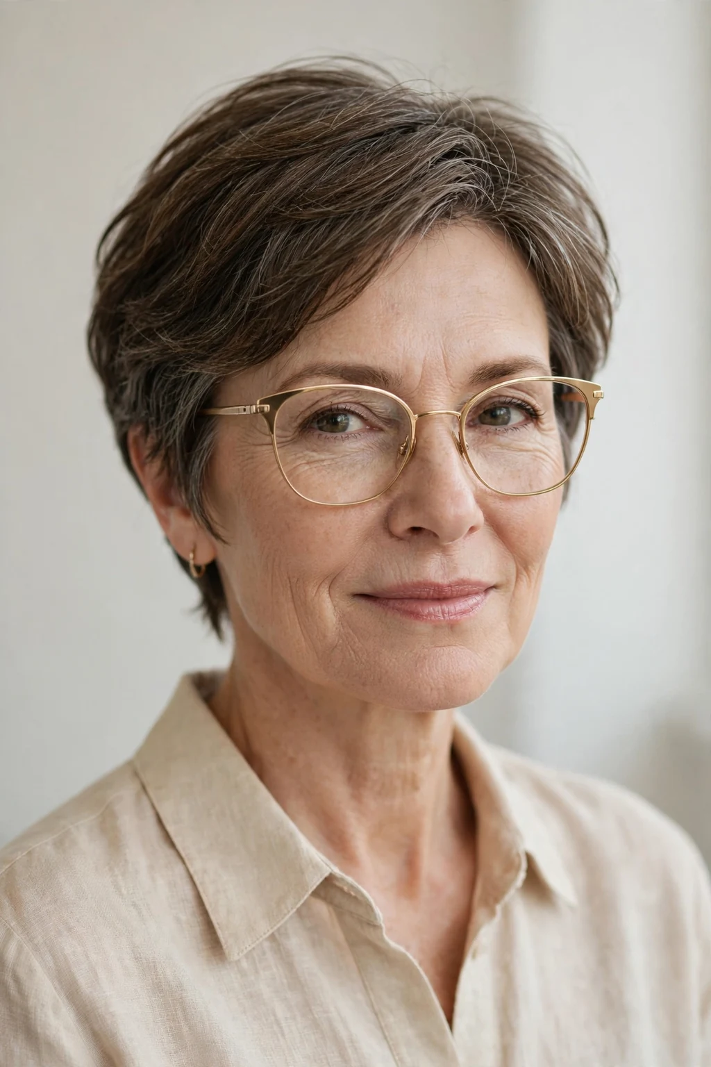 Elegant woman over 50 with glasses and soft layered crop, gentle flattering layers, soft light.