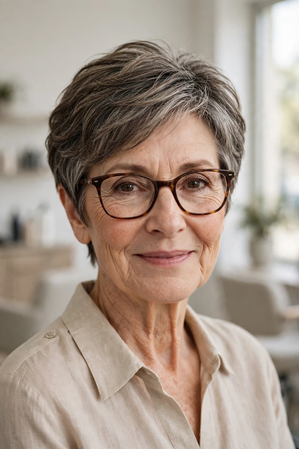 Elegant woman over 60 with glasses and soft layered crop, gentle flattering layers, soft light.