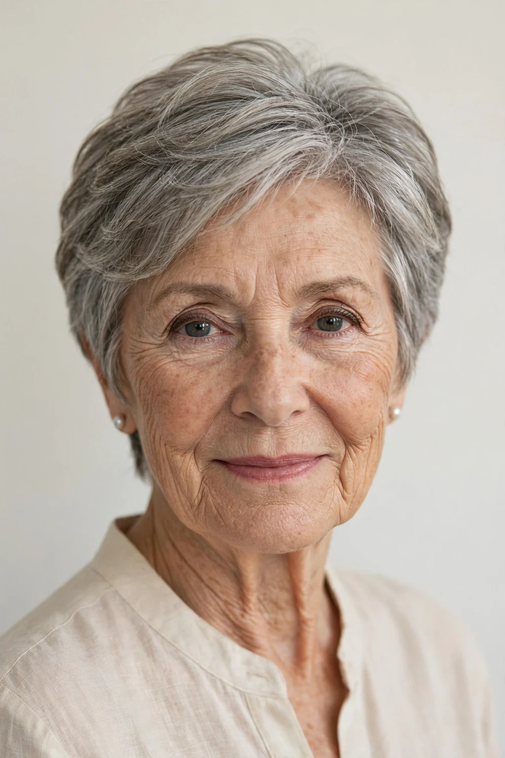 Elegant woman over 70 with soft layered crop, gentle flattering layers, soft light.