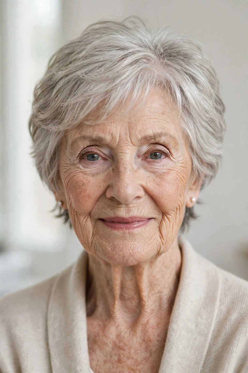 Elegant woman over 80 with soft layered crop, gentle flattering layers, soft light.