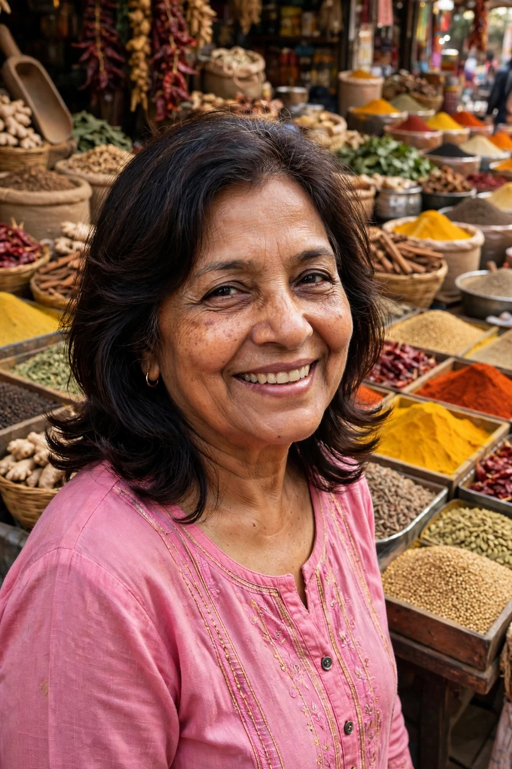 Mature South Asian woman around sixty with a soft layered haircut with flipped ends, wearing a pink kurti at a spice market.