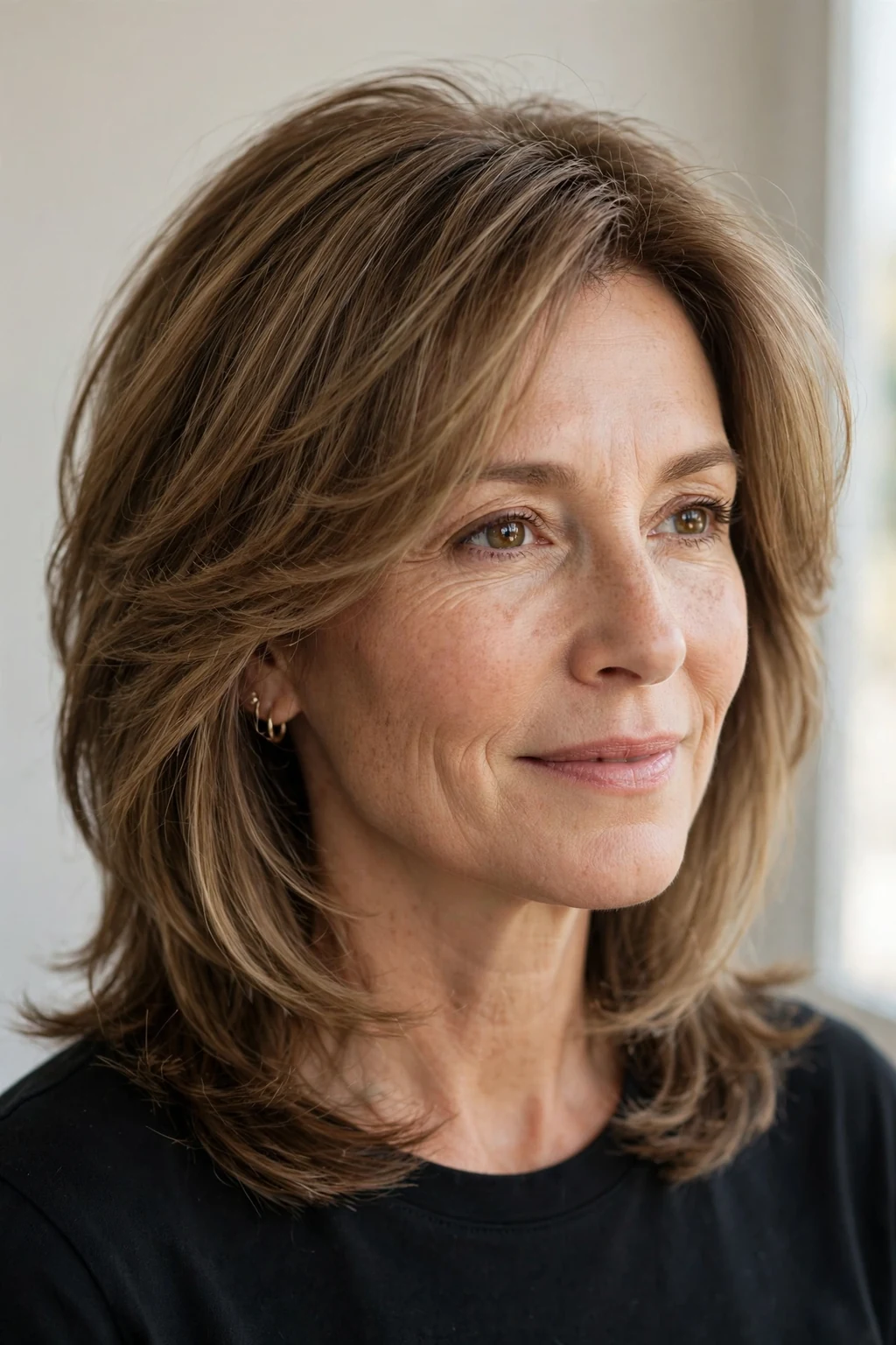 Woman over 40 with soft layered medium style, gentle flattering layers, salon light.