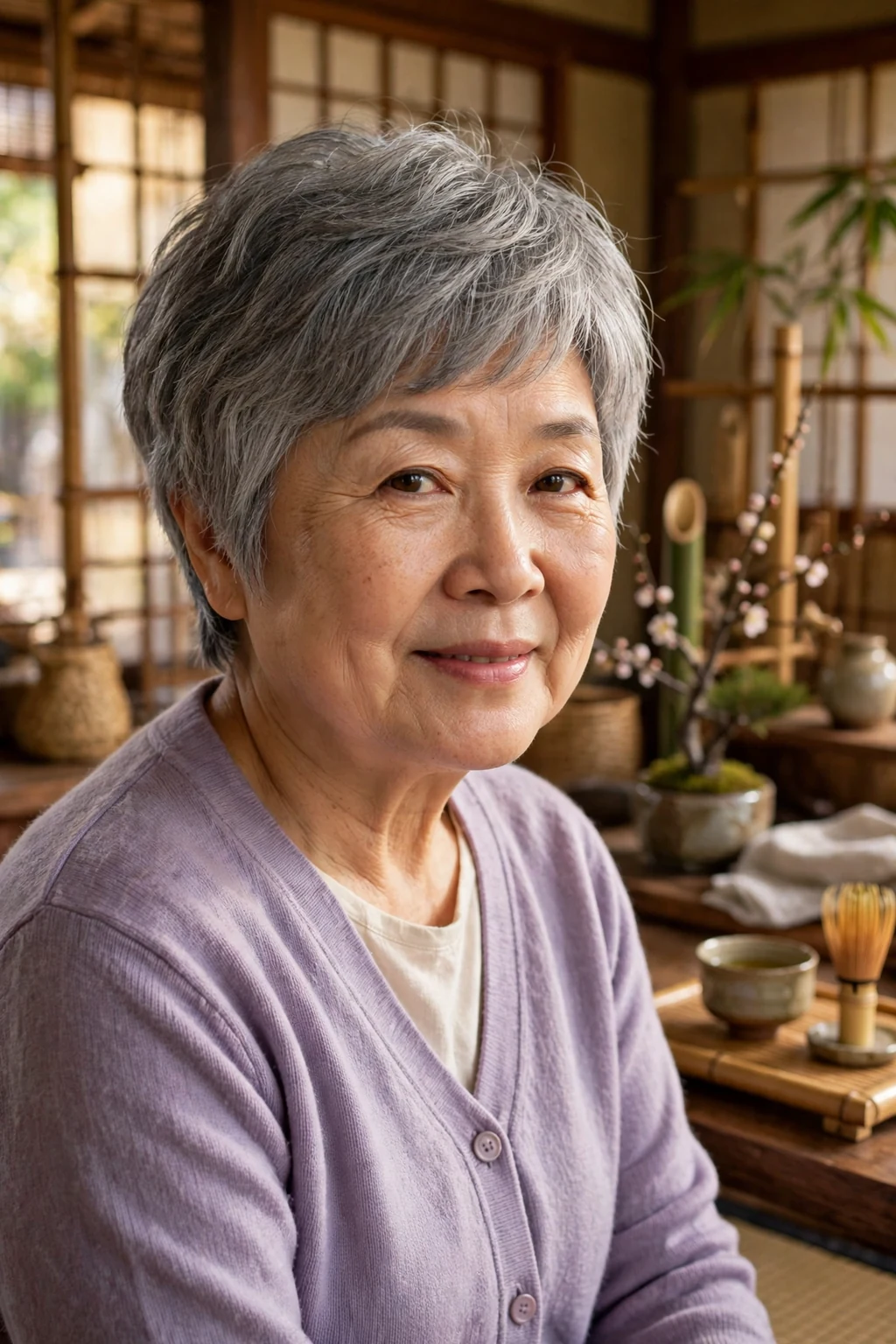 An East Asian woman in her early sixties with a soft layered pixie haircut, wearing a lavender cardigan in a tea house.