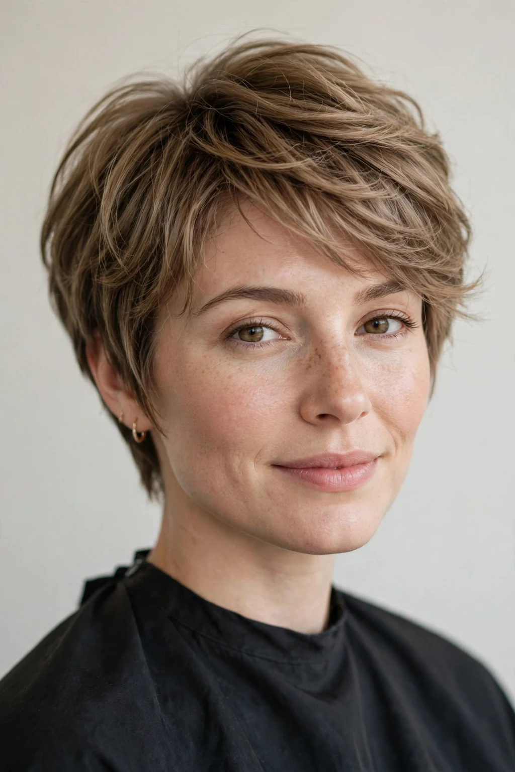 Woman with soft layered pixie, gentle feminine layers, delicate light.