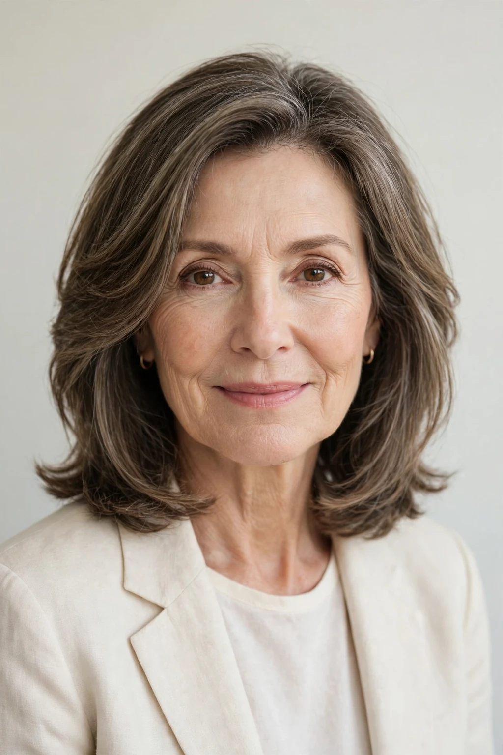 Elegant older woman with soft layered shoulder cut, gentle flattering layers, soft light.