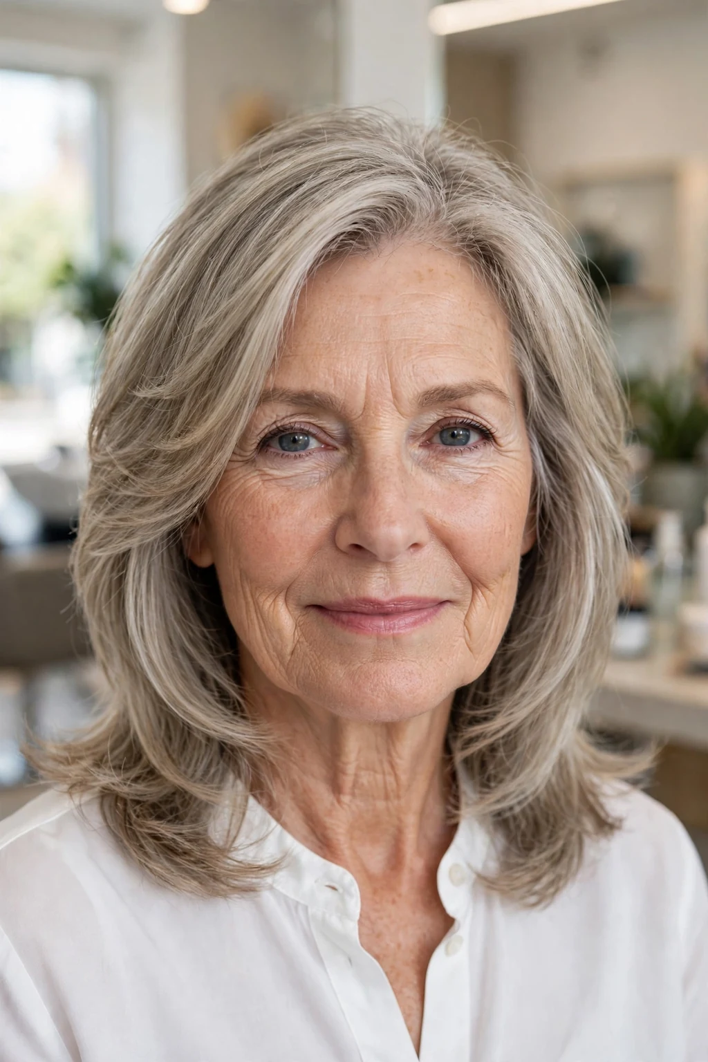 Beautiful older woman with soft layers, timeless soft layers, salon light.