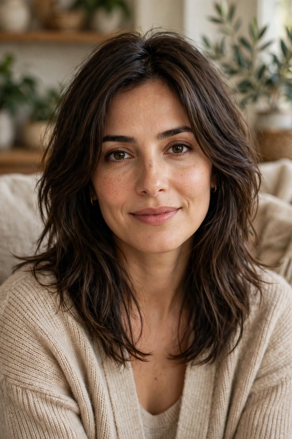 Beautiful woman with soft long shag, gentle soft long shag, soft light.