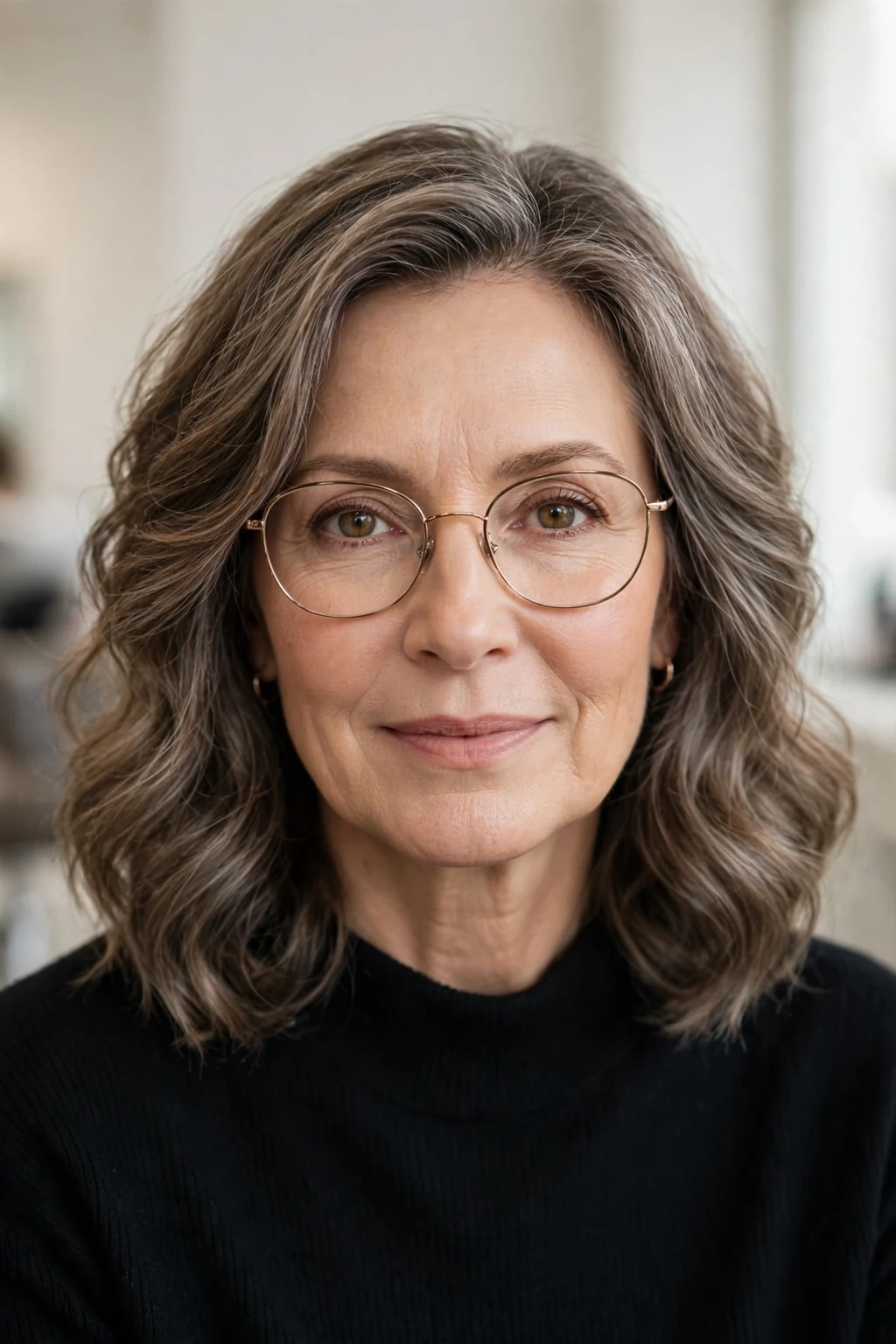 Elegant woman over 50 with glasses and soft medium waves, gentle flowing waves, flattering light.
