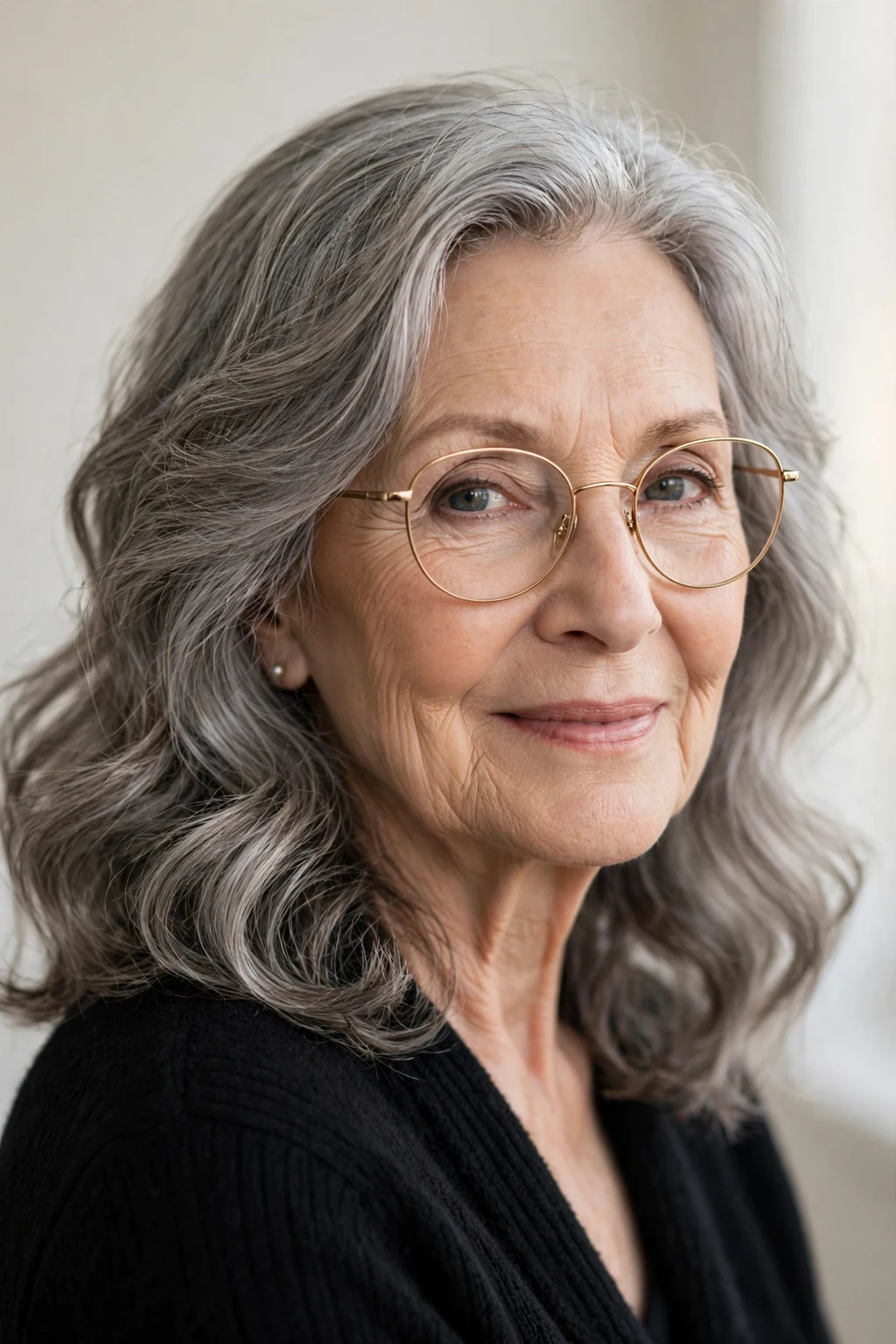 Elegant woman over 70 with glasses and soft medium waves, gentle flowing waves, flattering light.