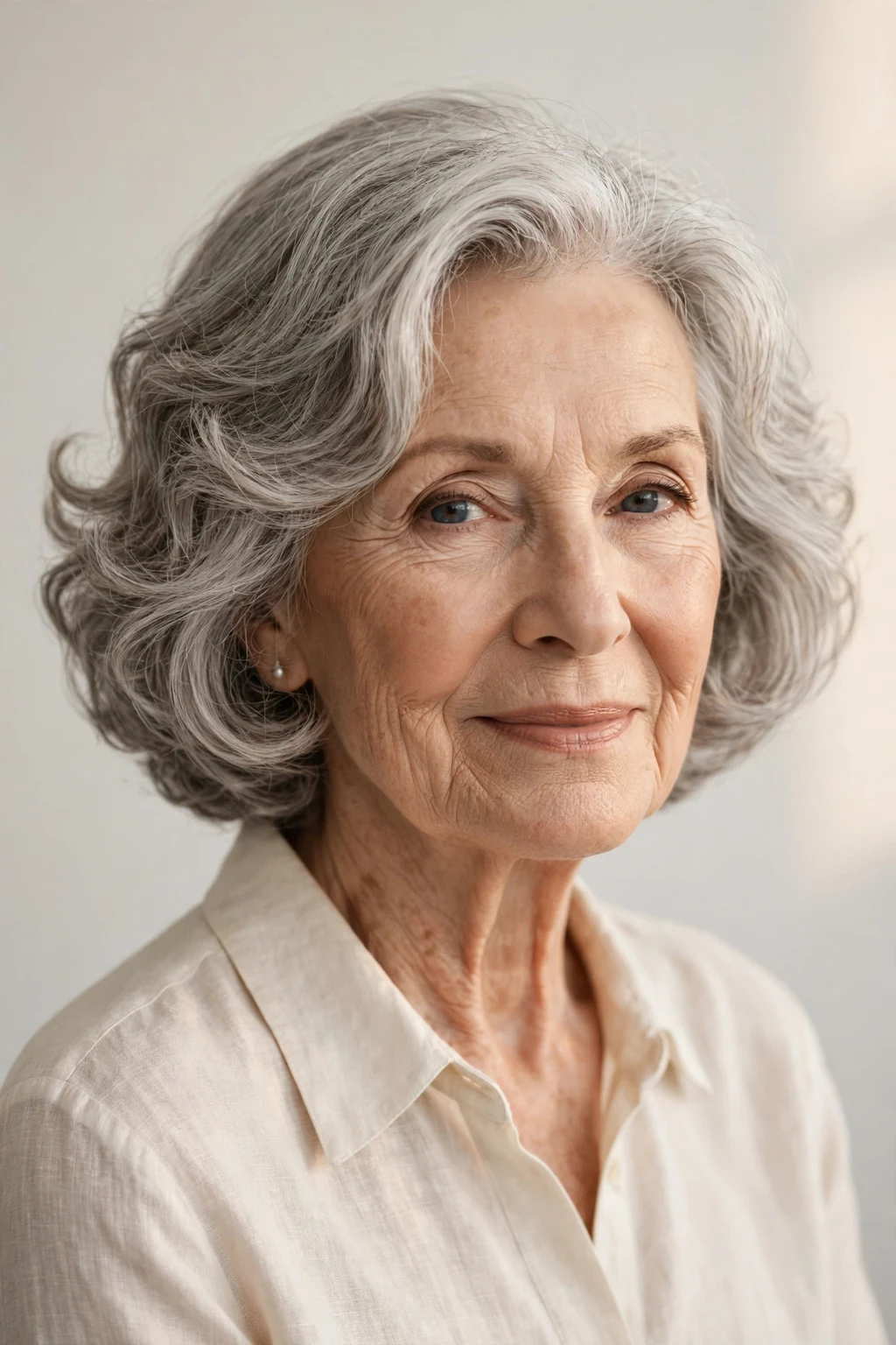 Elegant woman over 70 with soft perm bob, gentle romantic waves, warm light.