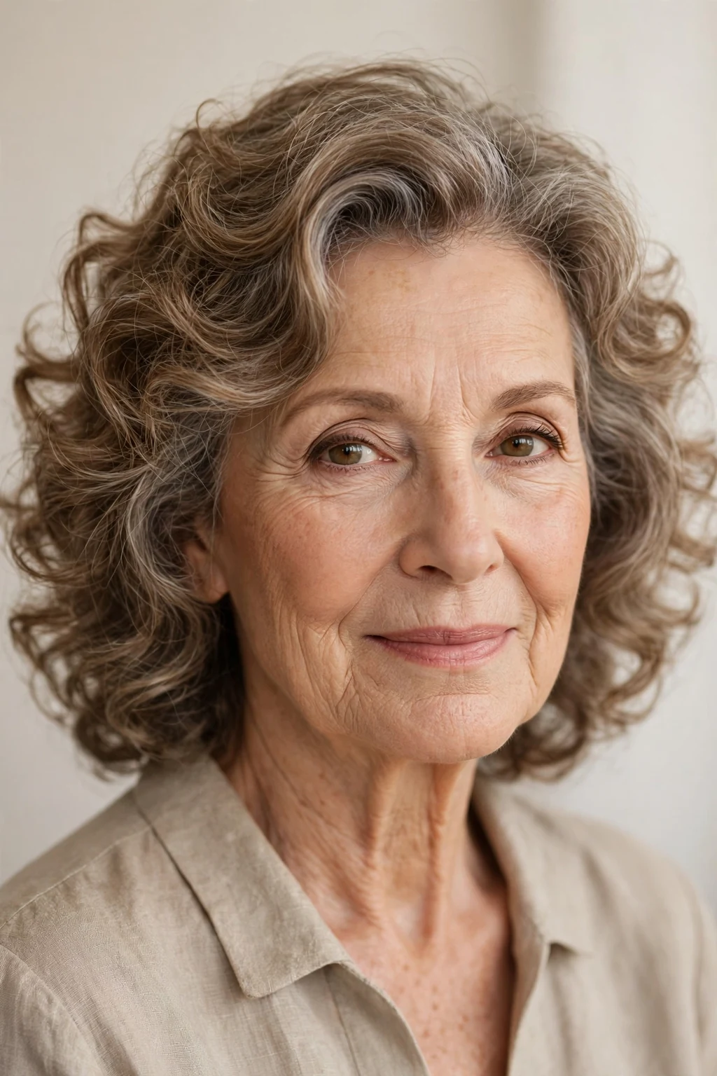 Elegant woman over 60 with soft perm curls, gentle romantic waves, warm light.