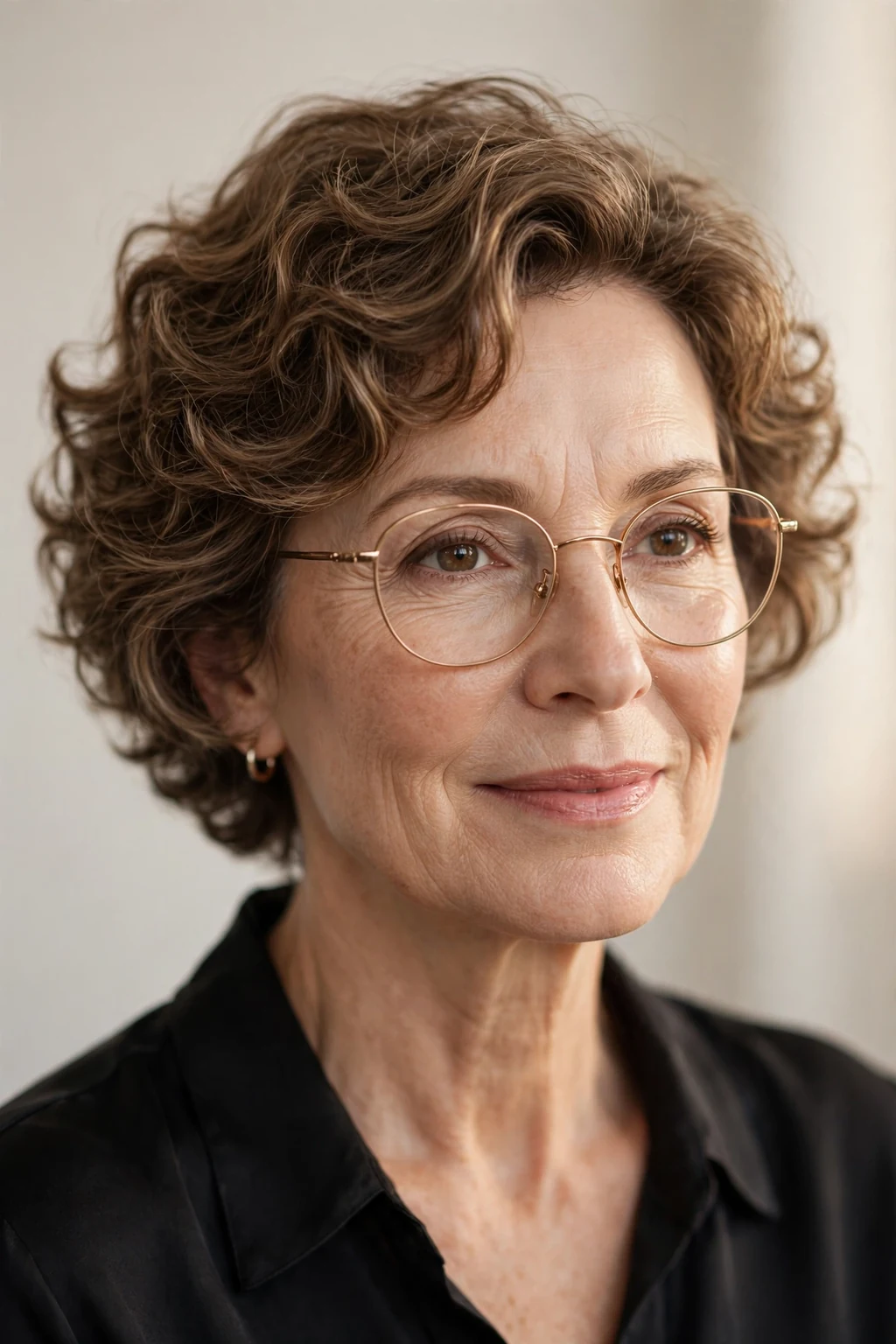 Elegant woman over 50 with glasses and soft perm short cut, gentle romantic waves, warm light.
