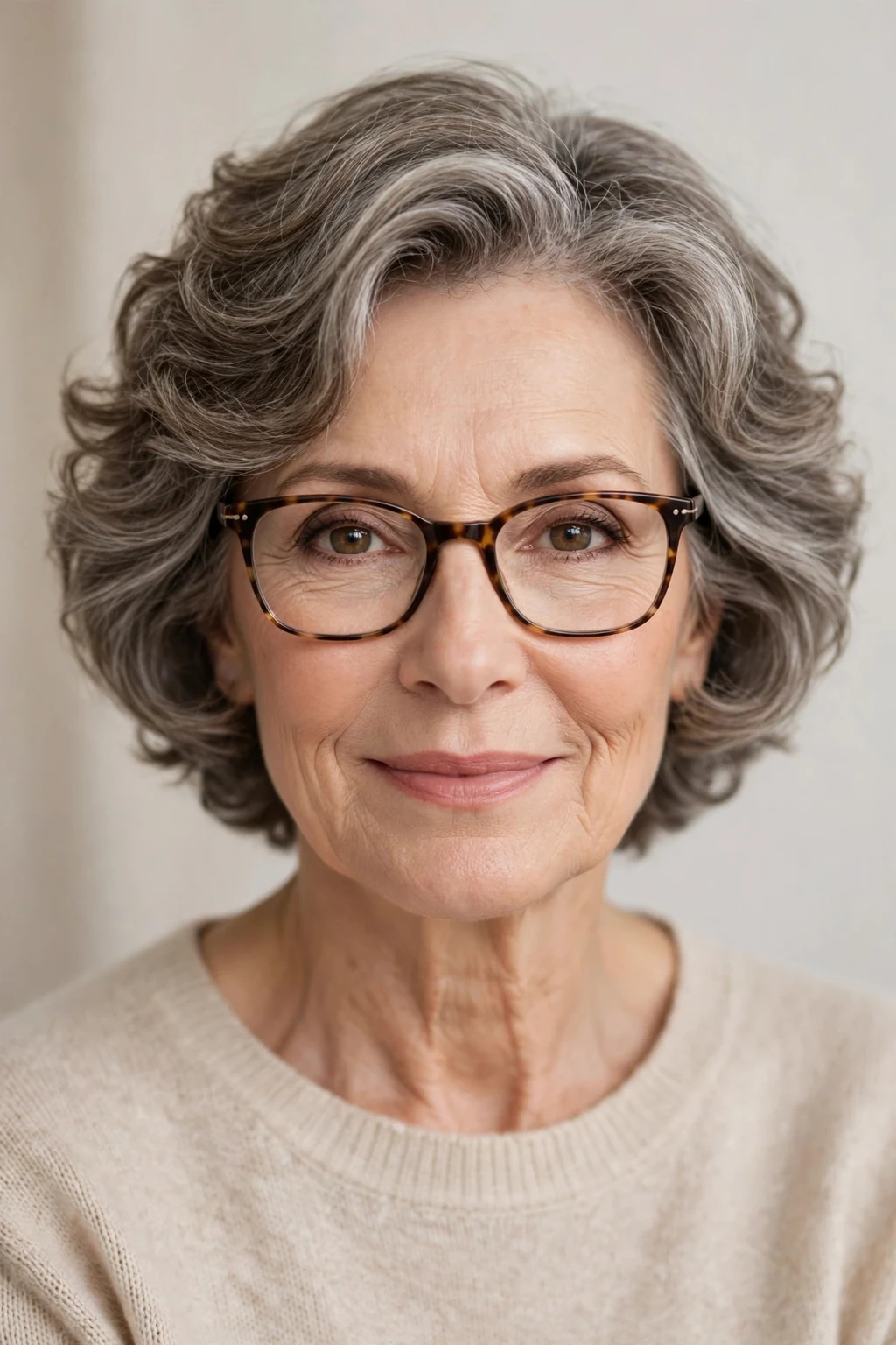 Elegant woman over 60 with glasses and soft perm short cut, gentle romantic waves, warm light.