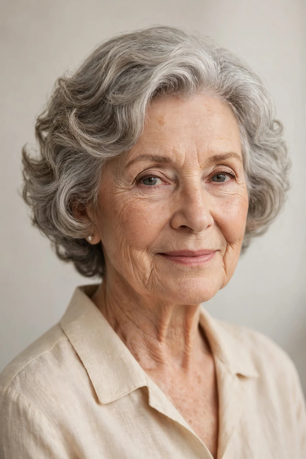 Elegant woman over 70 with soft perm short cut, gentle romantic waves, warm light.