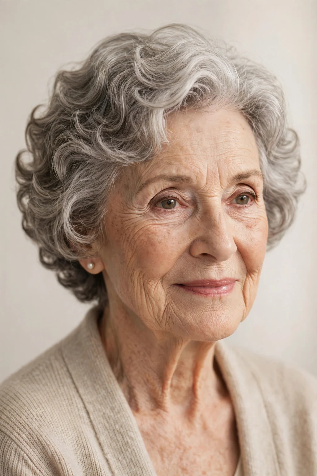 Elegant woman over 80 with soft perm short cut, gentle romantic waves, warm light.