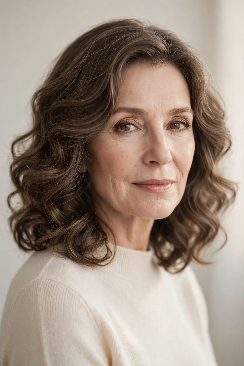 Elegant woman over 50 with soft perm waves, gentle permanent waves, romantic light.