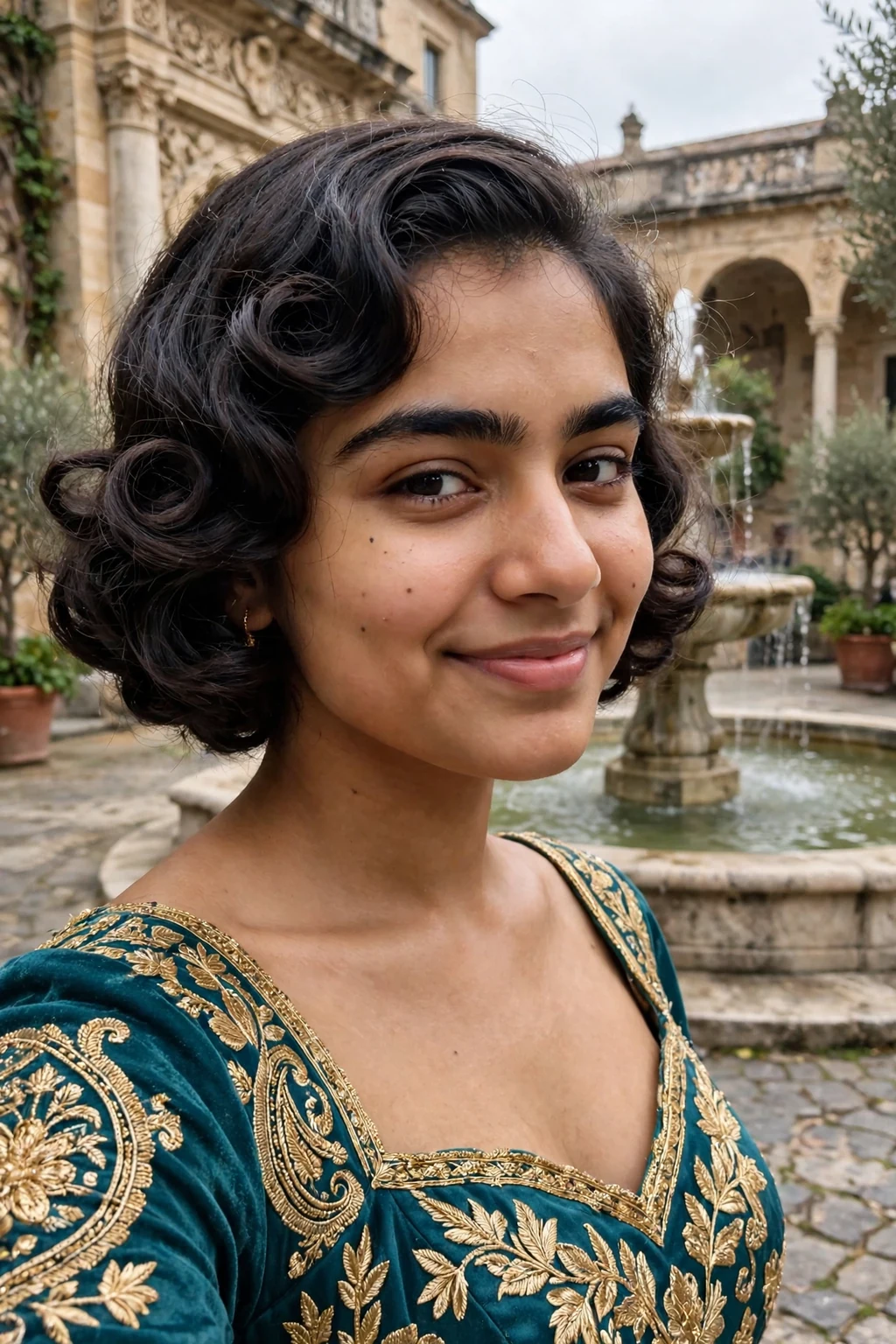 Young woman aged 18 to 20 with soft pin-curl bob hairstyle for prom, a palace hotel courtyard with fountains.