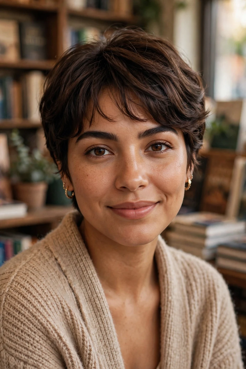 Beautiful woman with soft pixie bangs, gentle soft pixie bangs, tender light.
