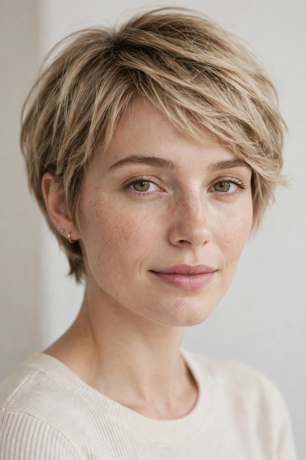 Woman with soft pixie bob, gentle feminine texture, delicate flattering light.