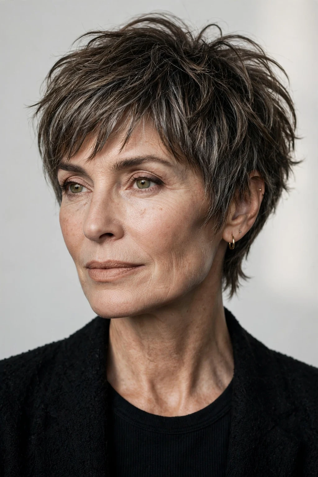 Elegant woman over 50 with soft pixie shag, textured lived-in layers, edgy light.