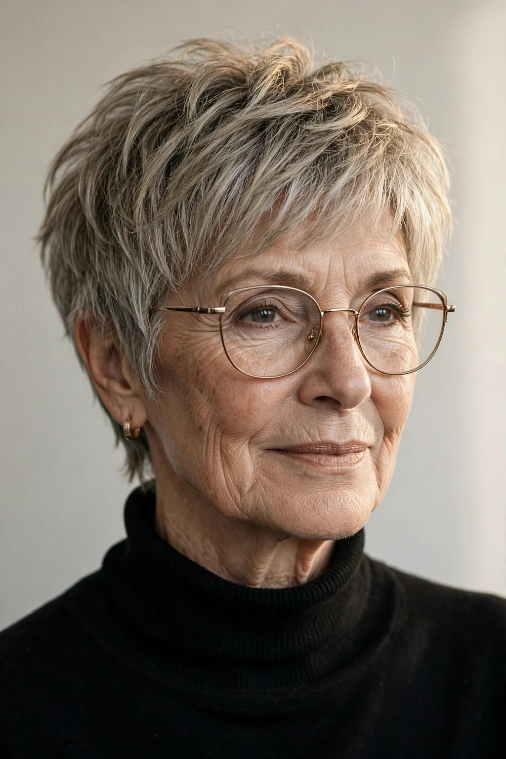 Elegant woman over 70 with glasses and soft pixie shag, textured lived-in layers, edgy light.