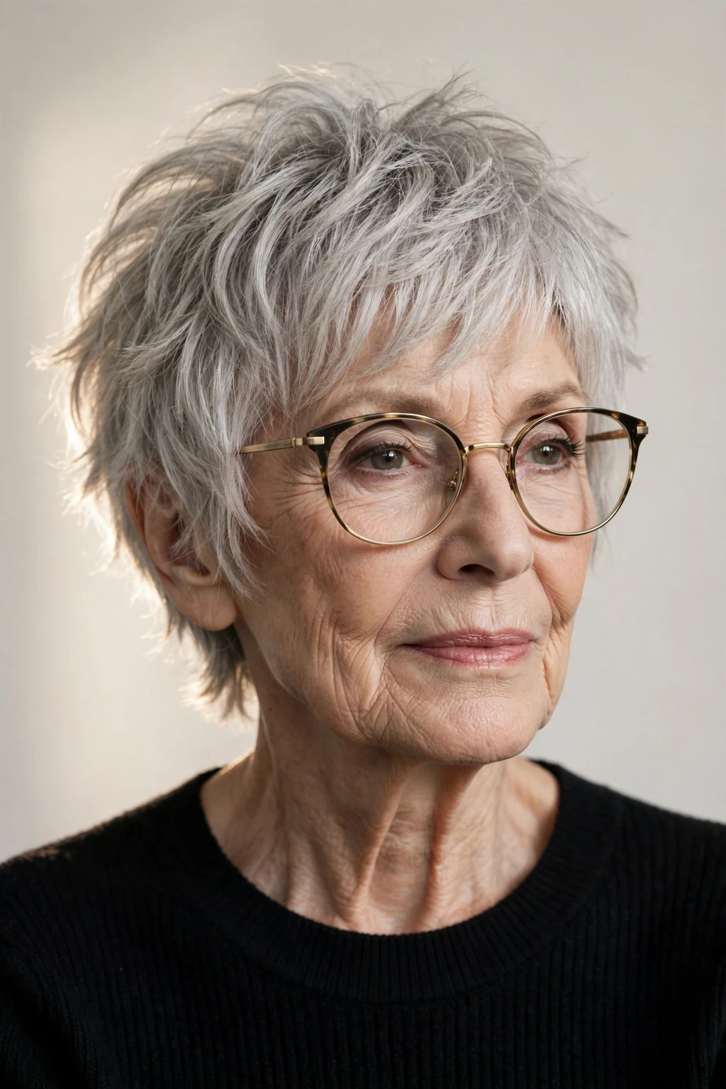 Elegant woman over 80 with glasses and soft pixie shag, textured lived-in layers, edgy light.