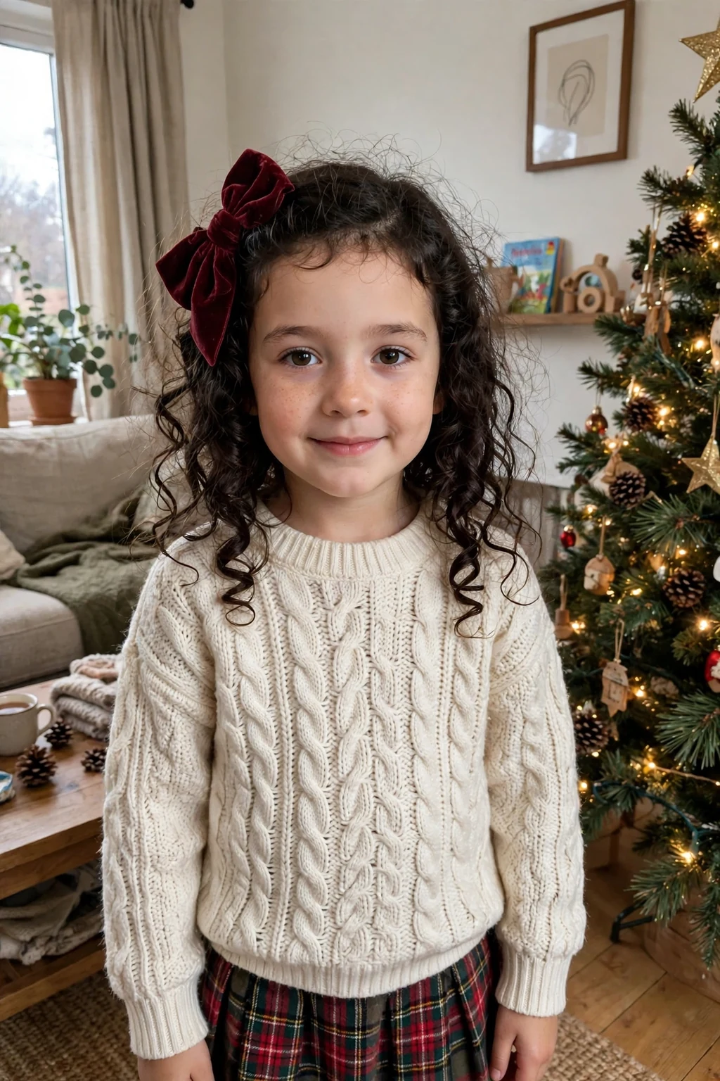 A young girl with soft ringlet curls and a large burgundy velvet bow, standing by a Christmas tree.