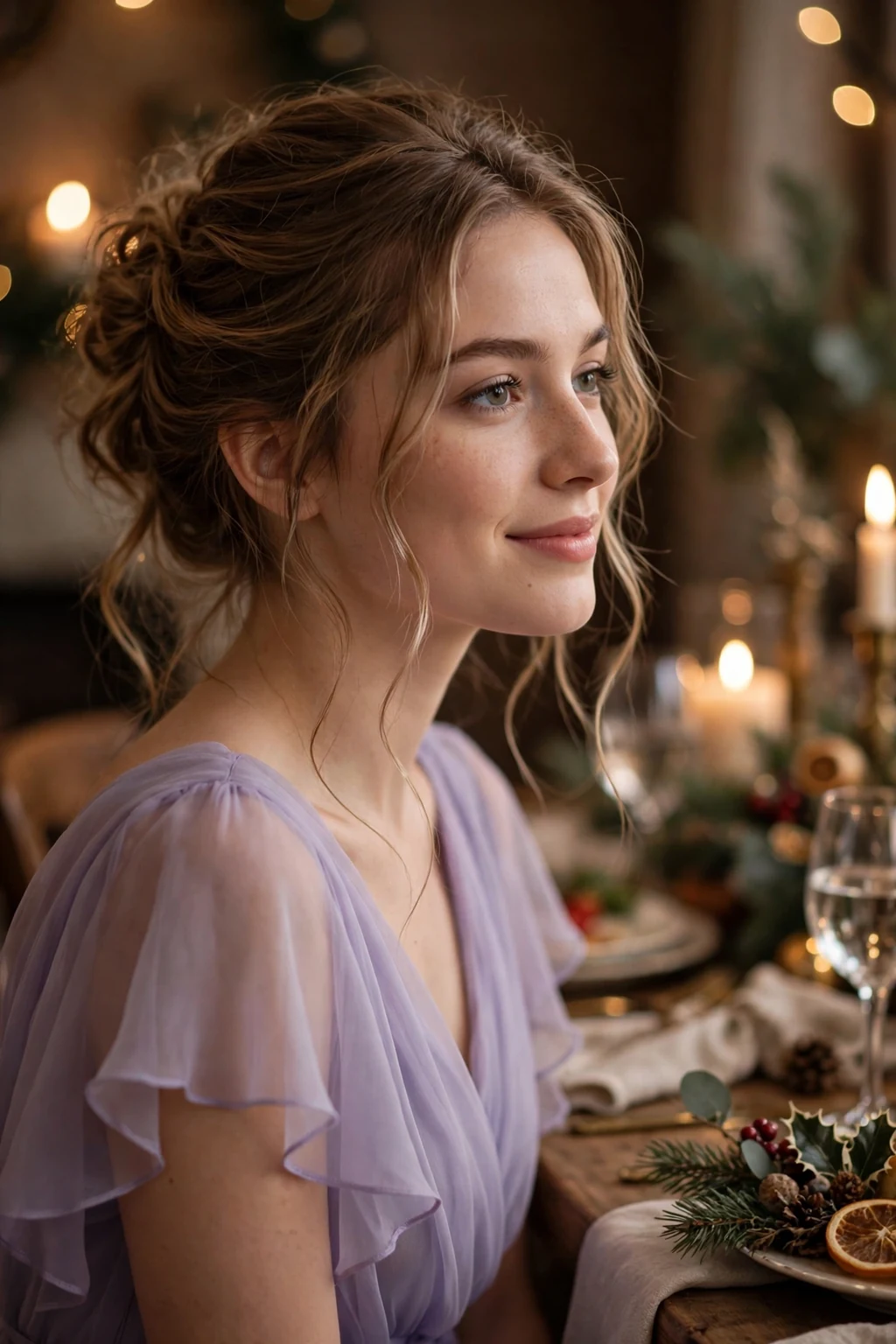 Young woman with a soft romantic updo with loose tendrils, wearing a lavender chiffon dress at a holiday dinner.