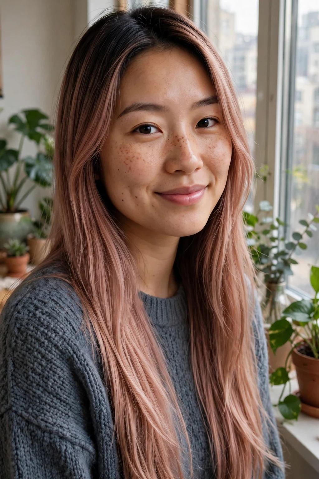 Young East Asian woman in her late 20s with long straight hair in a soft rose-gold balayage, wearing a slate-gray knit sweater by a tall apartment window with houseplants.