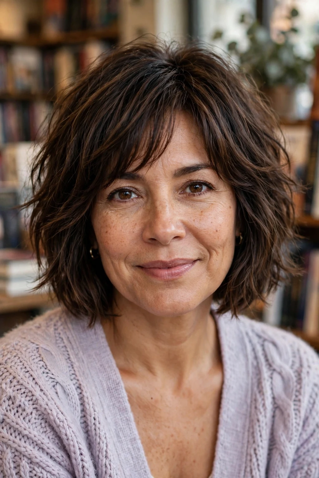 Beautiful woman with soft shag bob, gentle shaggy bob, soft light.