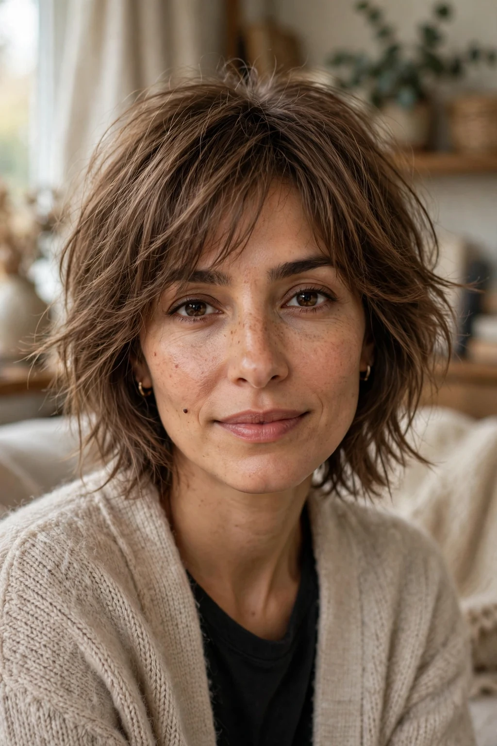 Beautiful woman with fine hair and soft shag, gentle soft shag, soft light.